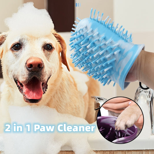 Dog being bathed with a 2-in-1 paw cleaner and brush, with close-up of paw cleaning.